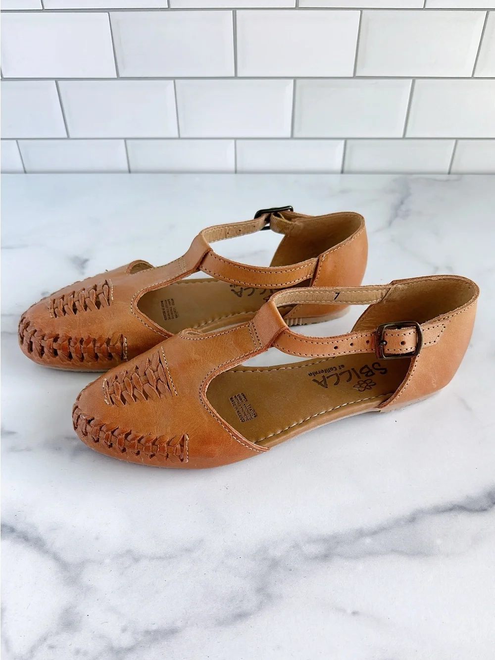 Sbicca Women's Tan Leather T-Strap Woven Flats - Picture 4 of 6